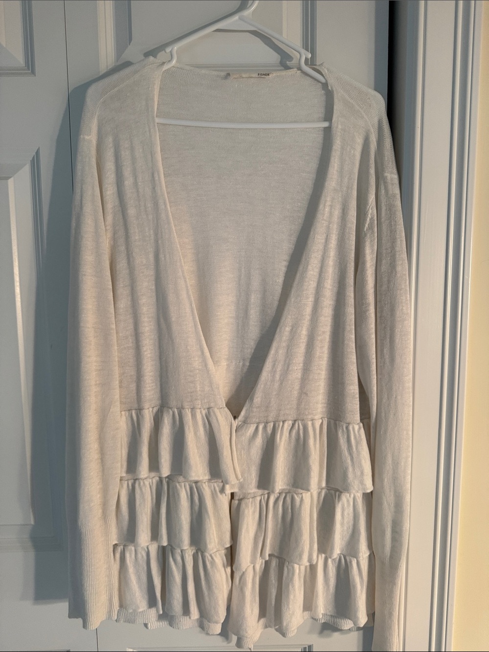 Eileen Fisher Cream Ruffle Open-Front Cardigan